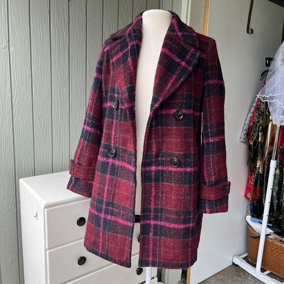 Sam Edelman Pink Red Plaid Coat | Wool Blend Double Breasted Peacoat - Picture 2 of 12